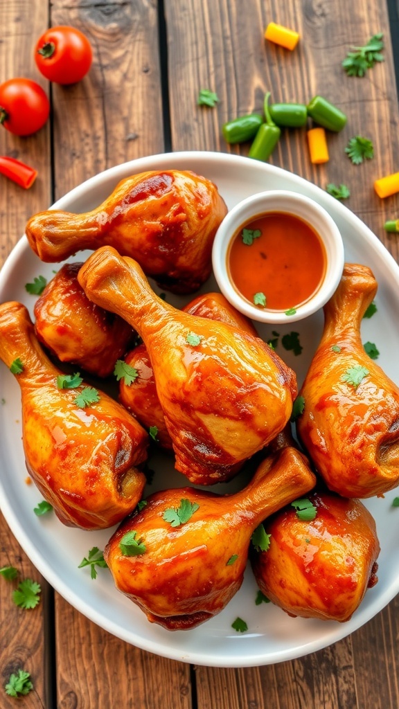 Golden-brown baked chicken drumsticks on a plate with herbs and dipping sauce.